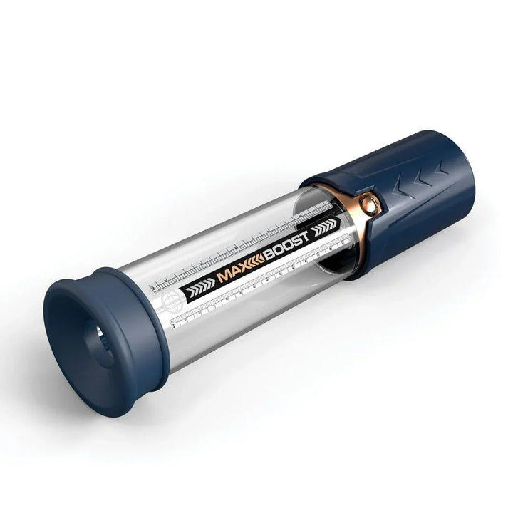 Max Boost pump in Blue on its side, showing the sleeve opening and piston grip