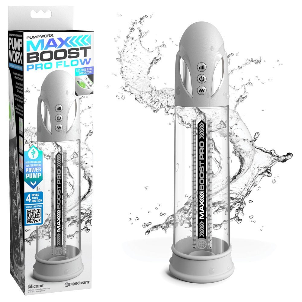 Pump Worx Max Boost Pro Flow - White - White/Clear USB Rechargeable Waterproof Auto Penis Pump – Sex toys NZ by Naughtyhut. Discreet delivery nationwide.