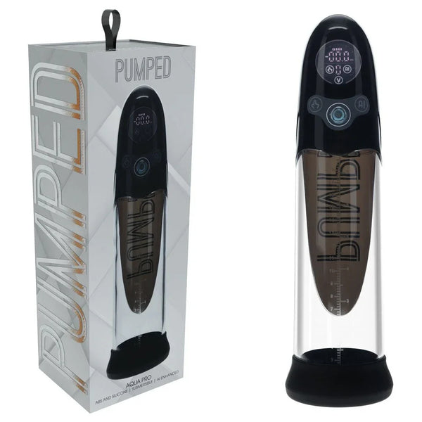 PUMPED Aqua-Pro Submersible Auto Penis Pump in Black, silver box beside the smoke-black pump and display