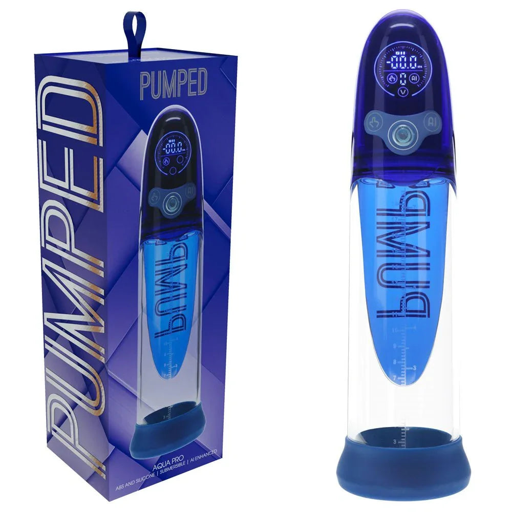 PUMPED Aqua-Pro Submersible Auto Penis Pump in Blue, blue box beside the blue pump and its digital head