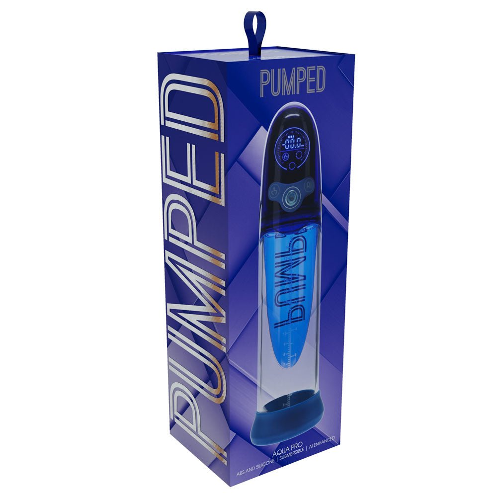 Buy PUMPED Aqua - Pro Auto Pump - Blue - Blue/Clear USB Rechargeable AI - Enabled Submersible Auto Penis Pump – Naughtyhut NZ sex toys online. Discreet delivery & top brands.