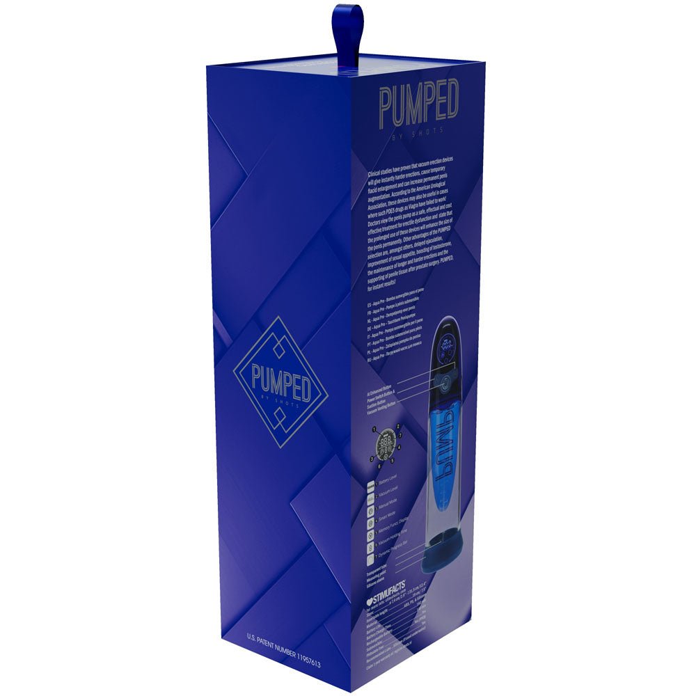 PUMPED Aqua - Pro Auto Pump - Blue - Blue/Clear USB Rechargeable AI - Enabled Submersible Auto Penis Pump – Sex toys NZ by Naughtyhut. Discreet delivery nationwide.