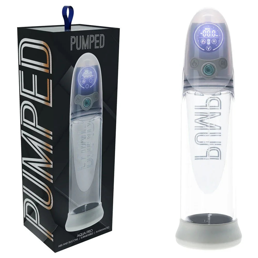 PUMPED Aqua-Pro Submersible Auto Penis Pump in Grey, black box beside the clear pump with grey base