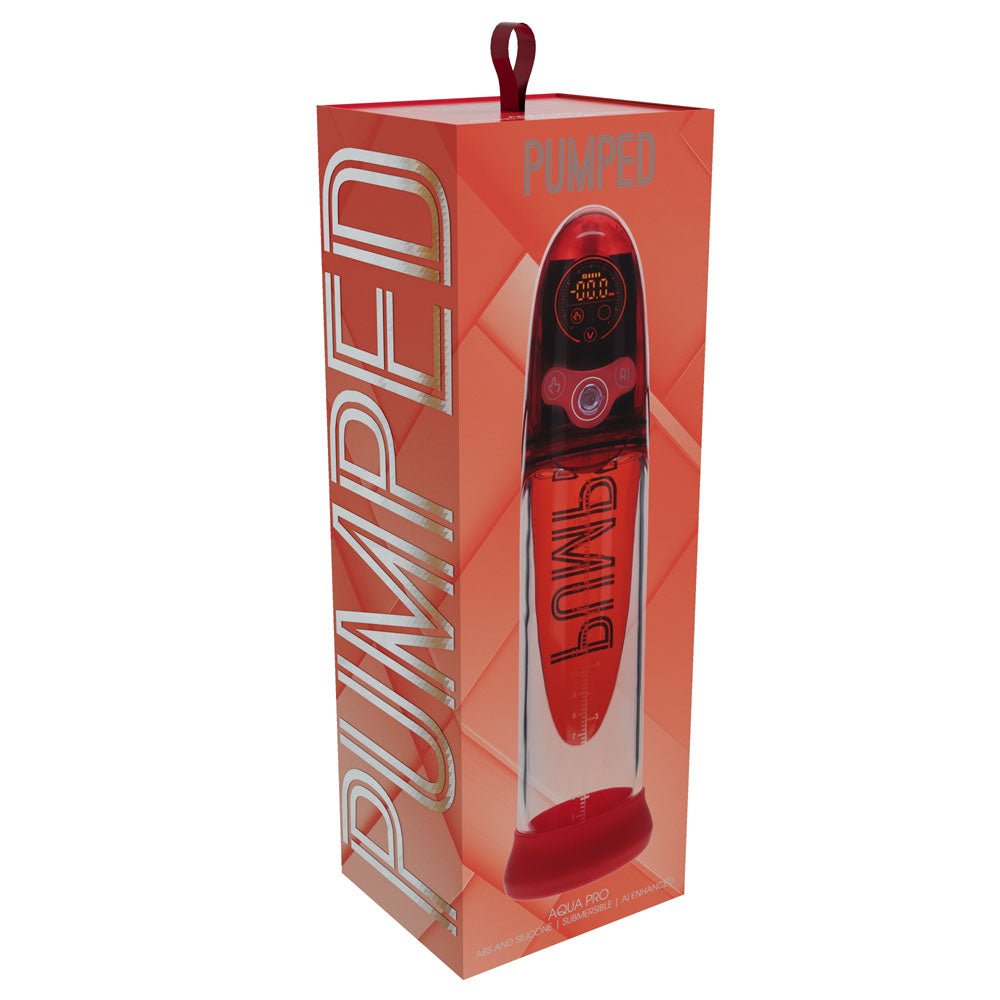 PUMPED Aqua - Pro Auto Pump - Red - Red/Clear USB Rechargeable AI - Enabled Submersible Auto Penis Pump – Sex toys NZ by Naughtyhut. Discreet delivery nationwide.