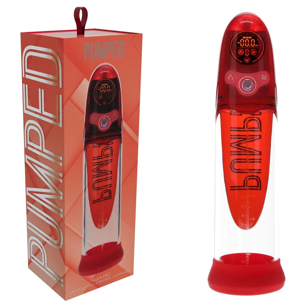 PUMPED Aqua-Pro Submersible Auto Penis Pump in Red, red box beside the red pump and its digital head