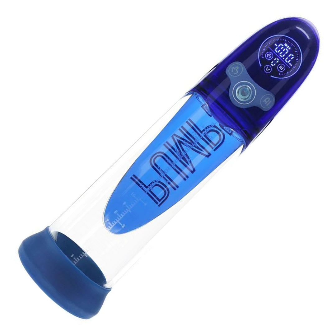 PUMPED Aqua-Pro Submersible Auto Penis Pump in Blue – submersible pump with digital display on white