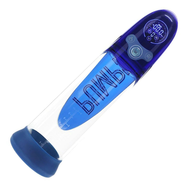 PUMPED Aqua-Pro Submersible Auto Penis Pump in Blue – submersible pump with digital display on white