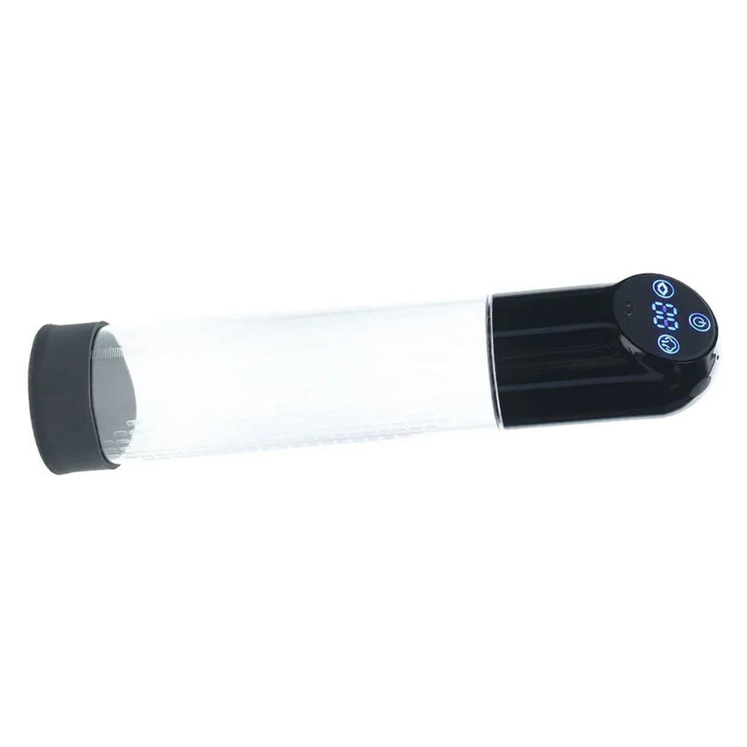 PUMPED Automatic Waterproof Penis Pump in Black – clear pump cylinder with rechargeable control head on white