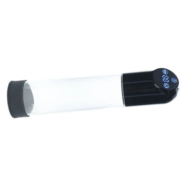 PUMPED Automatic Waterproof Penis Pump in Black – clear pump cylinder with rechargeable control head on white