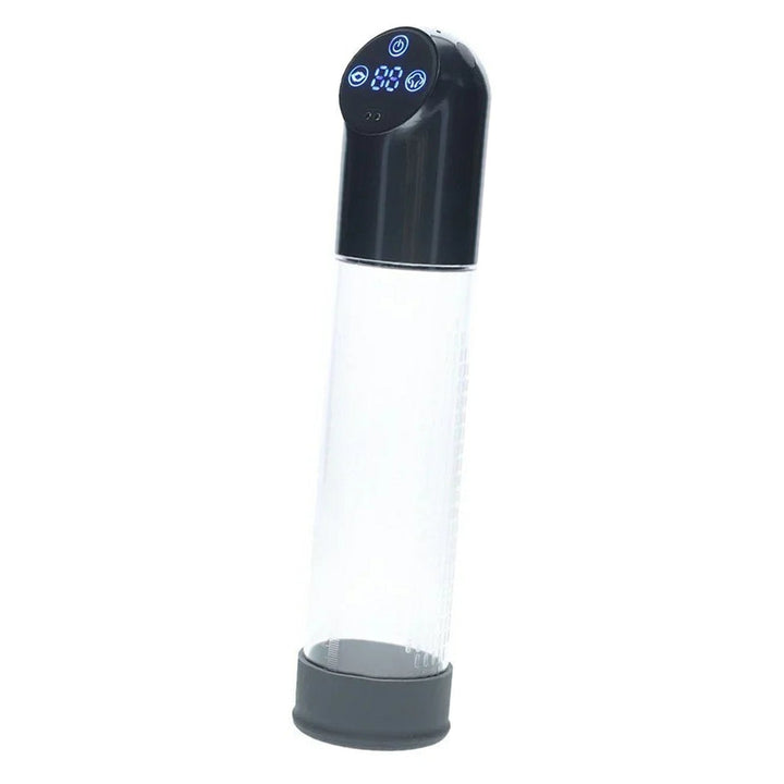 PUMPED Automatic Waterproof Penis Pump in Gunmetal – clear pump cylinder with rechargeable control head on white