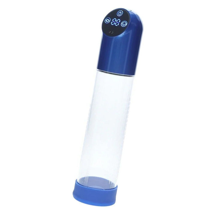 PUMPED Automatic Waterproof Penis Pump in Metallic Blue – clear pump cylinder with rechargeable control head on white
