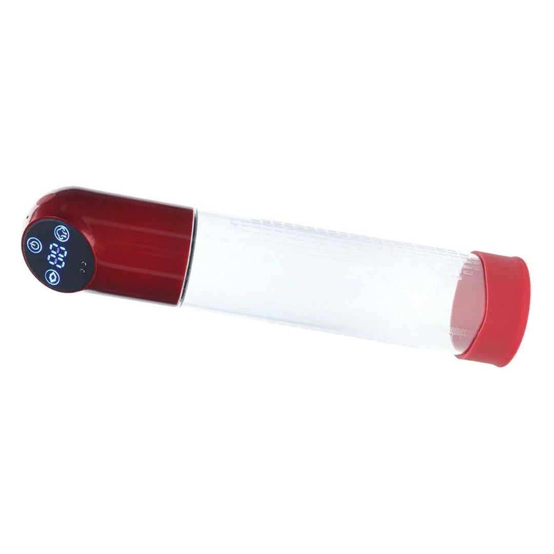 PUMPED Automatic Waterproof Penis Pump in Metallic Red – clear pump cylinder with rechargeable control head on white