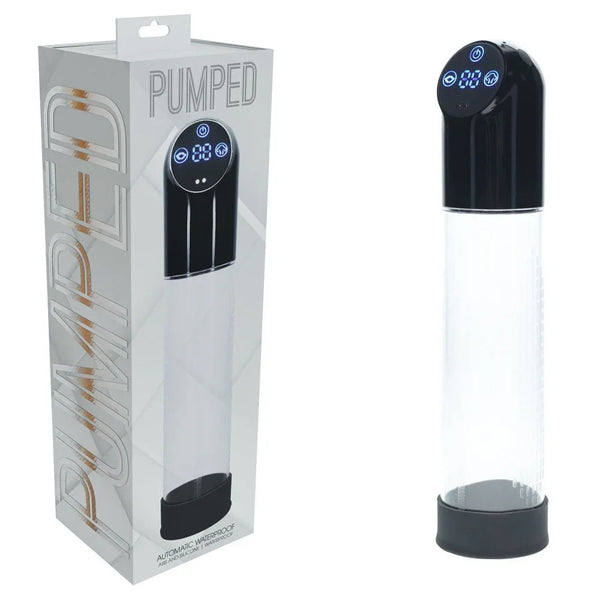 PUMPED Automatic Waterproof Penis Pump in Black, silver box beside the clear cylinder with black head