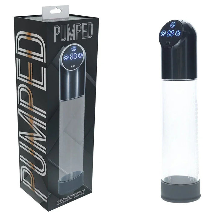 PUMPED Automatic Waterproof Penis Pump in Gunmetal, black box beside the clear cylinder, gunmetal head