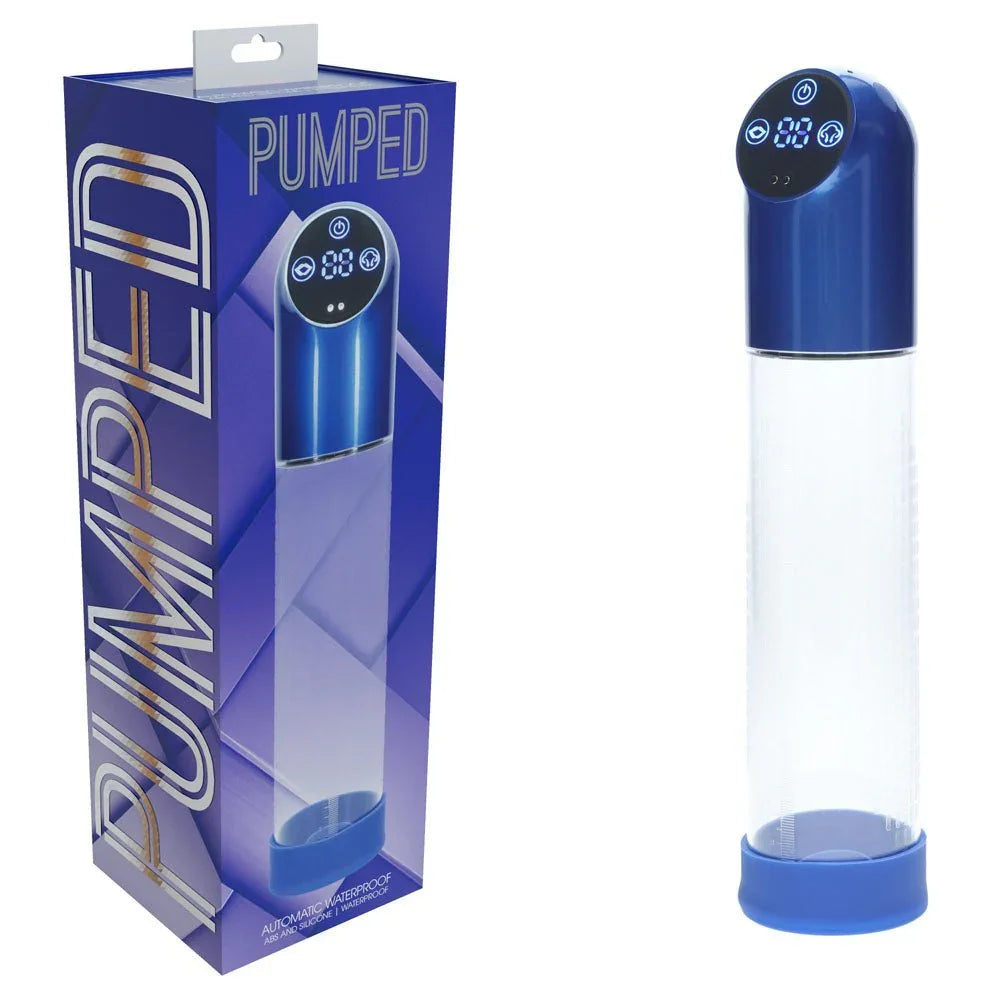 PUMPED Automatic Waterproof Penis Pump in Metallic Blue, blue box beside the clear cylinder, blue head