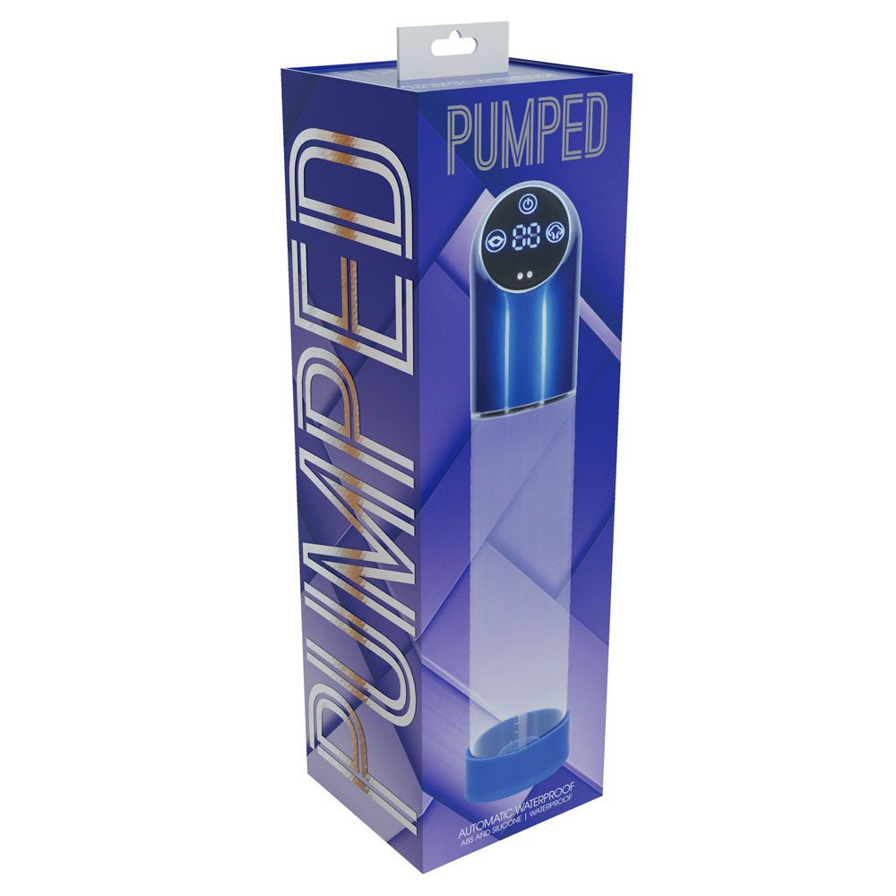 Buy PUMPED Automatic Waterproof Pump - Metal Blue - Blue/Clear USB Rechargeable Automatic Penis Pump – Naughtyhut NZ sex toys online. Discreet delivery & top brands.