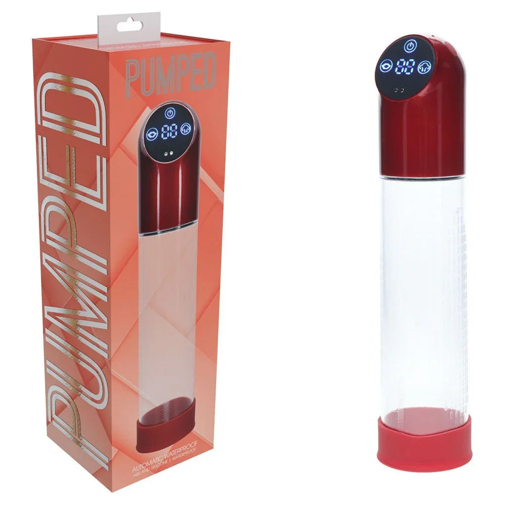 PUMPED Automatic Waterproof Penis Pump in Metallic Red, orange box beside the clear cylinder, red head