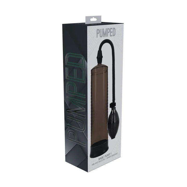 PUMPED Basic Penis Pump 1 in Black, front of the charcoal retail box