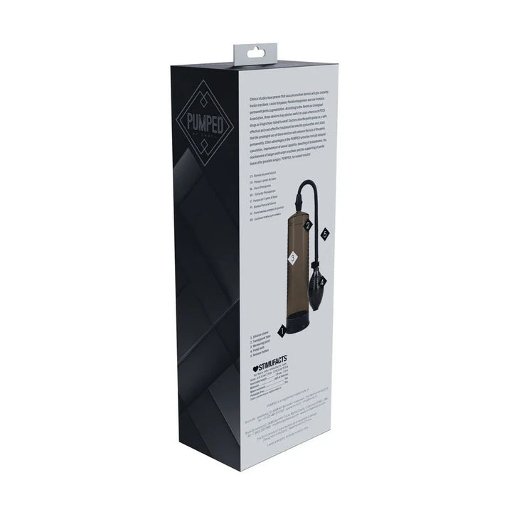 PUMPED Basic Penis Pump 1 in Black, back of the charcoal box showing the instruction panel