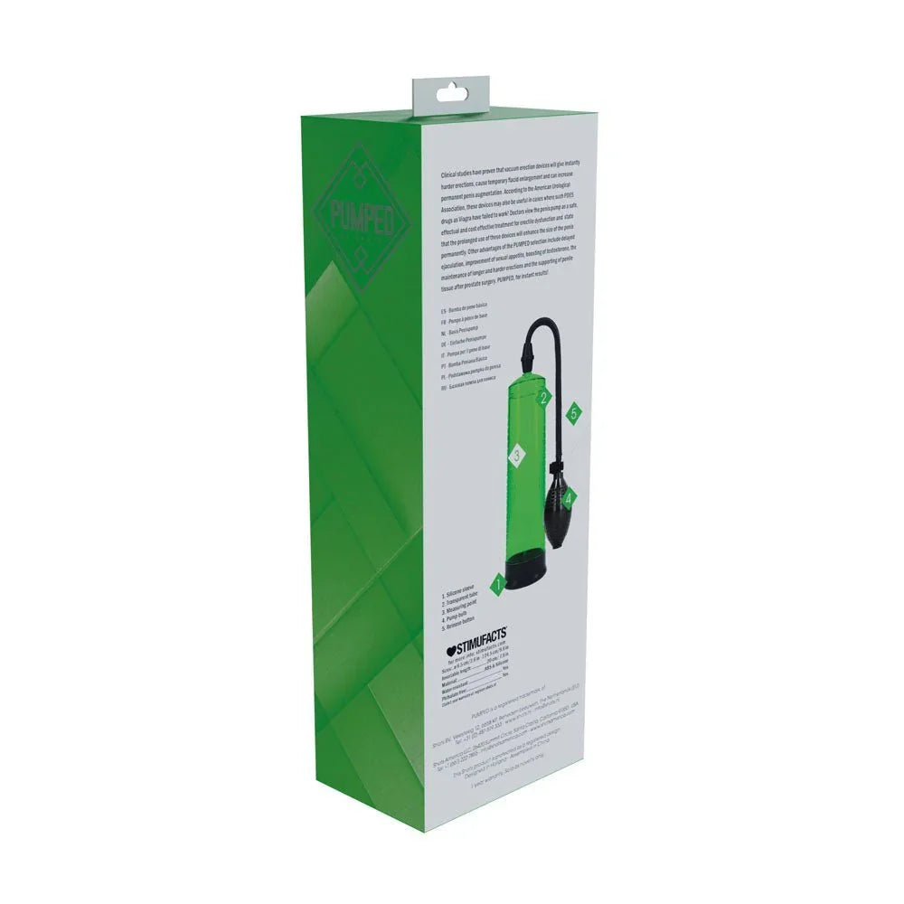 PUMPED Basic Penis Pump 1 in Green, back of the green box showing the instruction panel