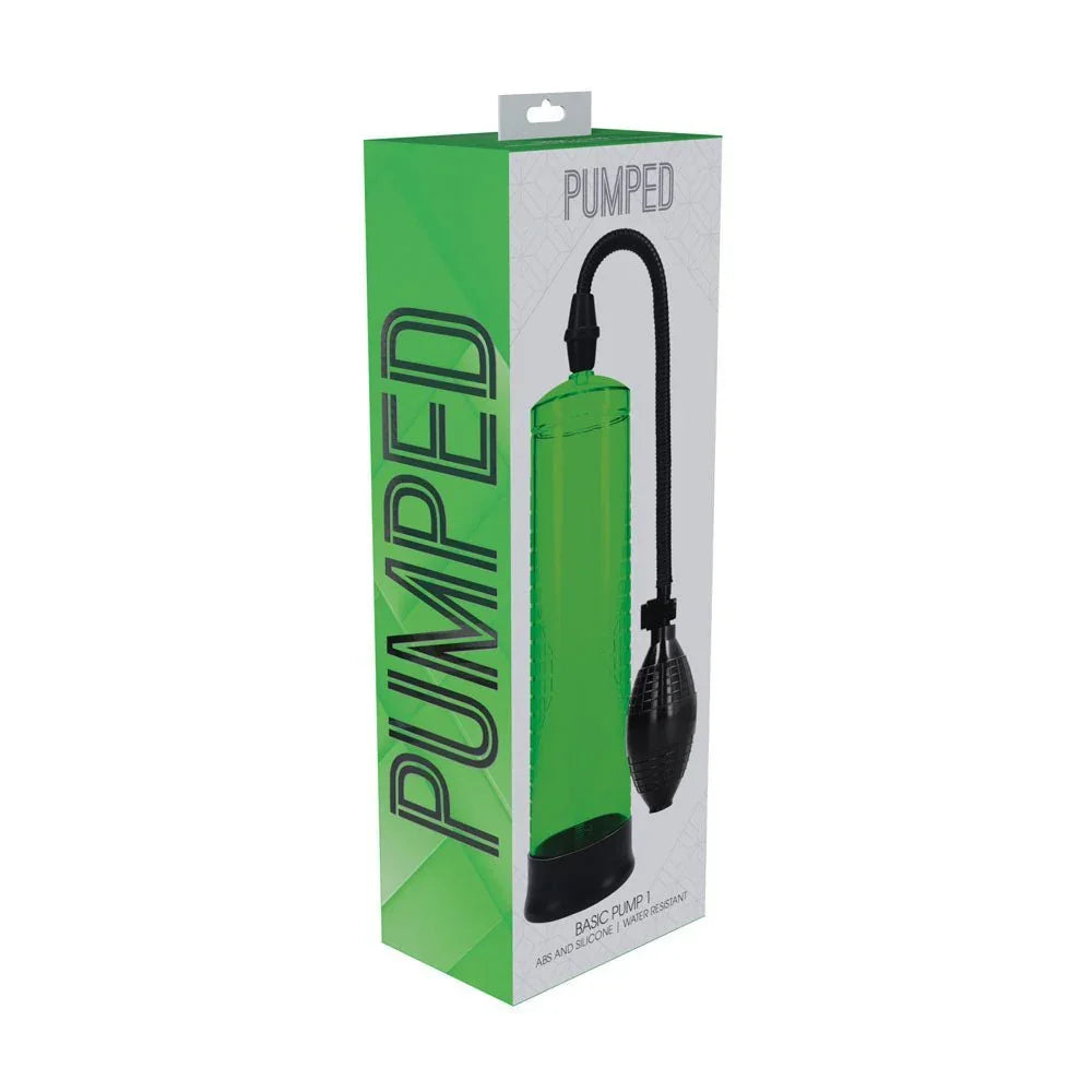 PUMPED Basic Penis Pump 1 in Green, front of the green retail box