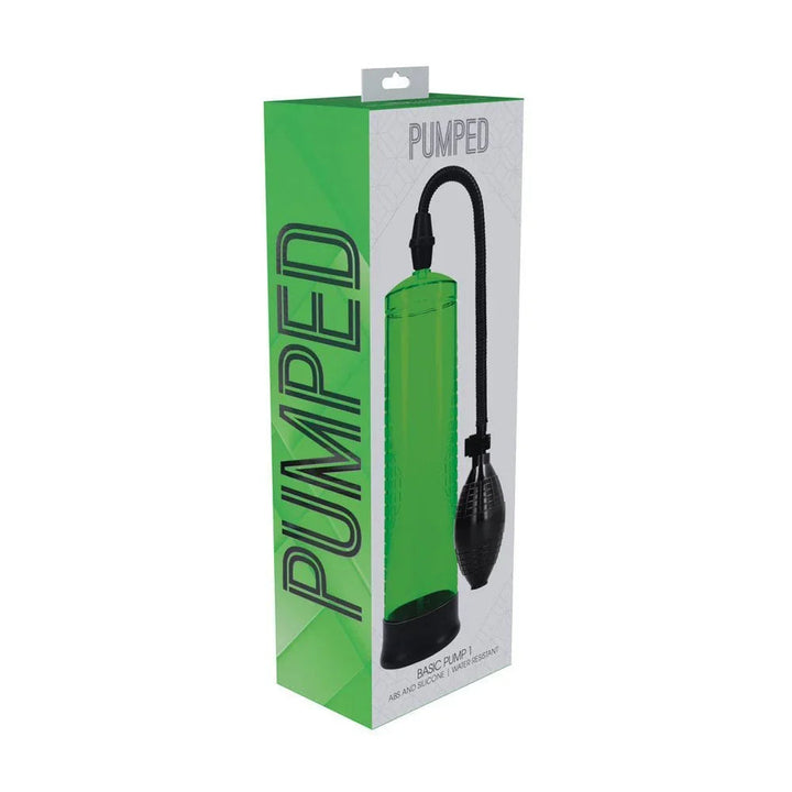 PUMPED Basic Penis Pump 1 in Green, front of the green retail box