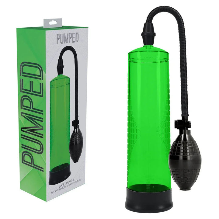 PUMPED Basic Penis Pump 1 in Green, green retail box beside the green cylinder, hose and squeeze bulb