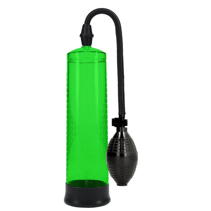 PUMPED Basic Penis Pump 1 in Green, the green cylinder upright with its hose and squeeze bulb