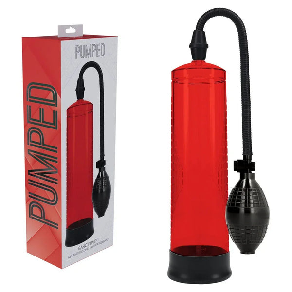 PUMPED Basic Penis Pump 1 in Red, red retail box beside the red cylinder, hose and squeeze bulb