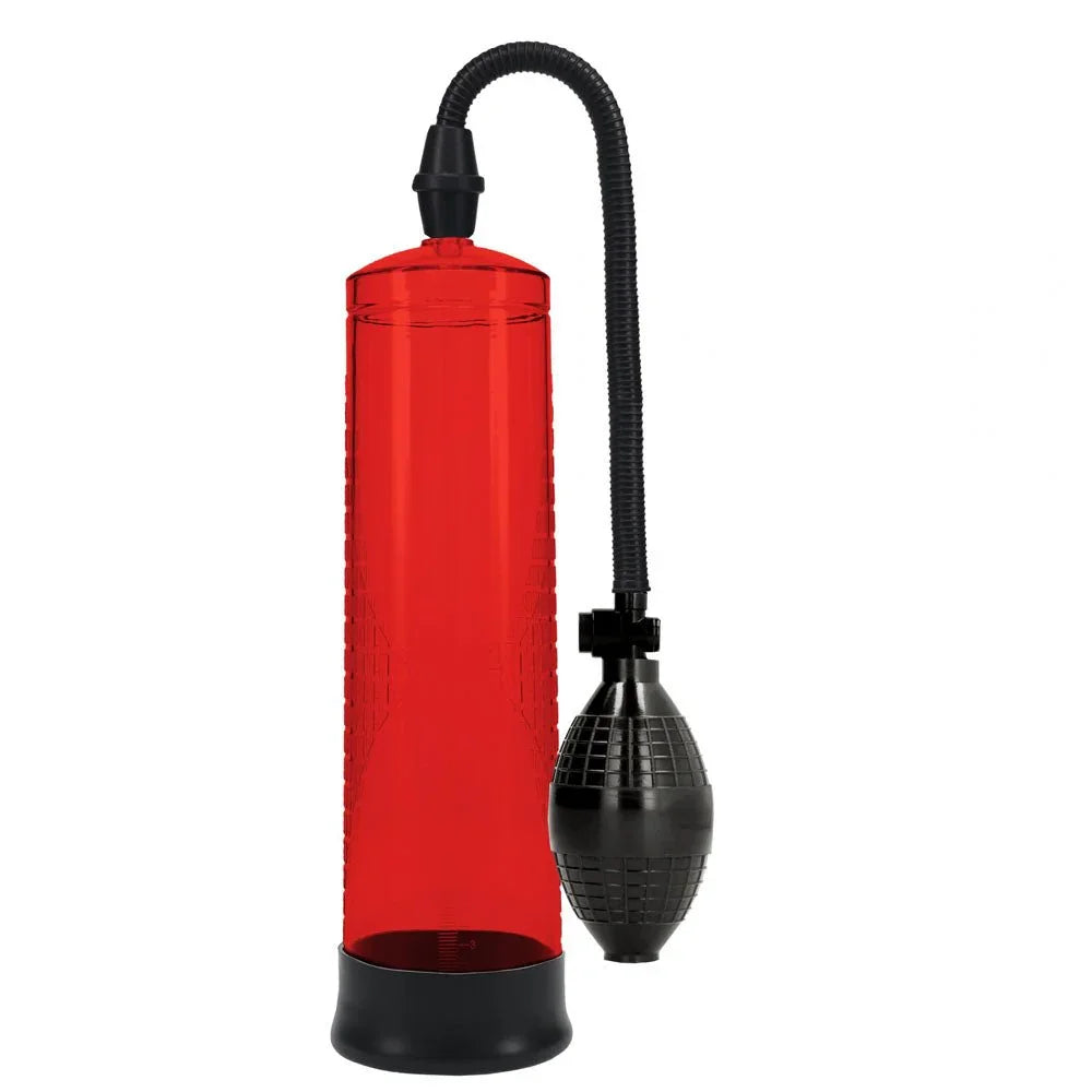 PUMPED Basic Penis Pump 1 in Red, the red cylinder upright with its hose and black squeeze bulb