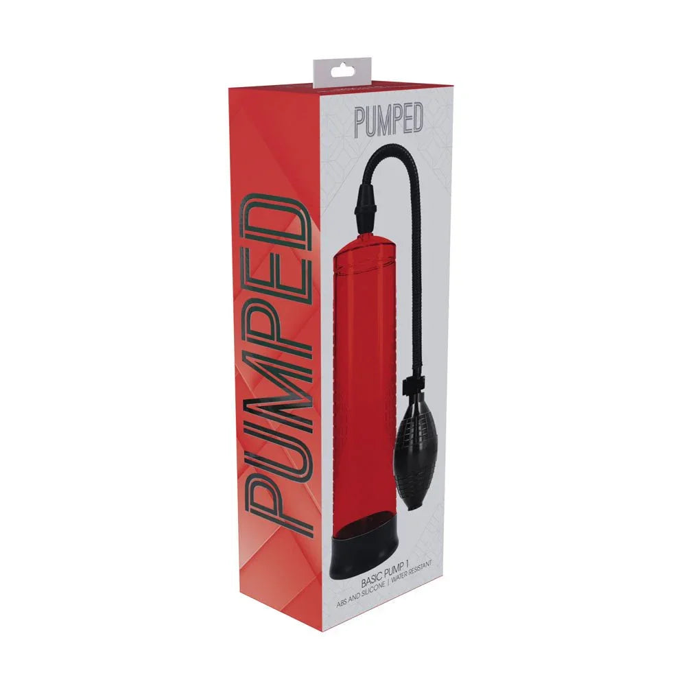 PUMPED Basic Penis Pump 1 in Red, front of the red retail box