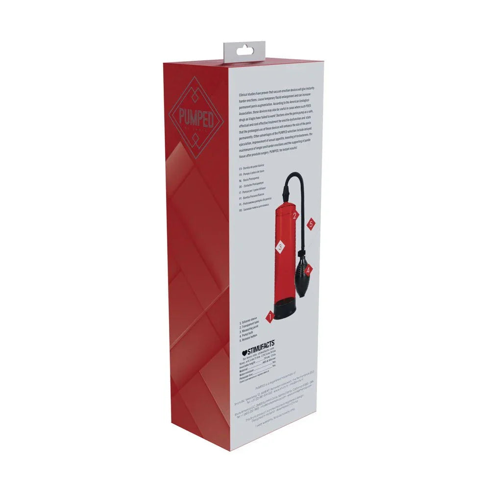 PUMPED Basic Penis Pump 1 in Red, back of the red box showing the instruction panel