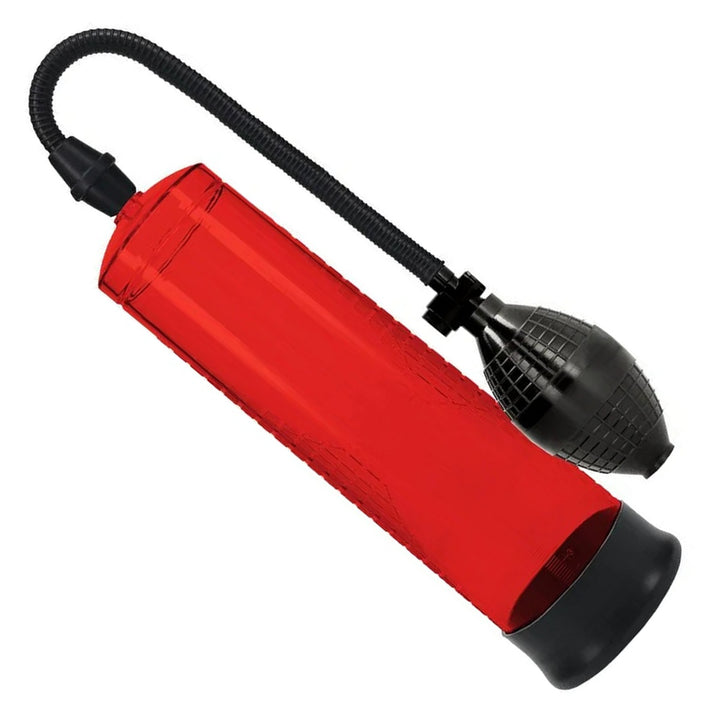 PUMPED Basic Penis Pump 1 in Red – pump cylinder with hose and squeeze bulb on white