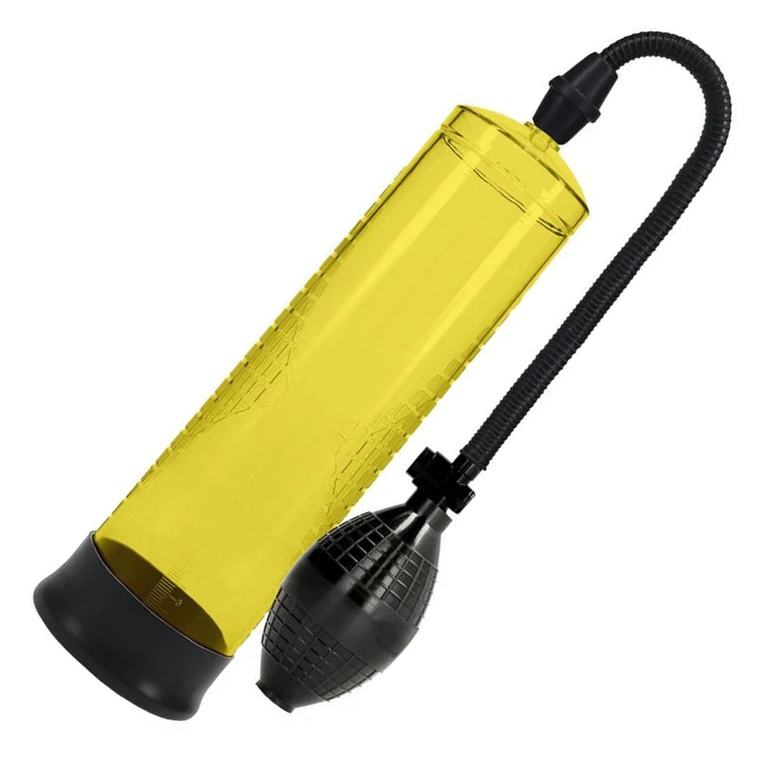 PUMPED Basic Penis Pump 1 in Yellow – pump cylinder with hose and squeeze bulb on white