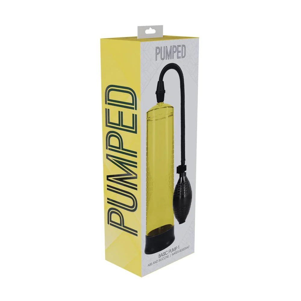PUMPED Basic Penis Pump 1 in Yellow, front of the yellow retail box