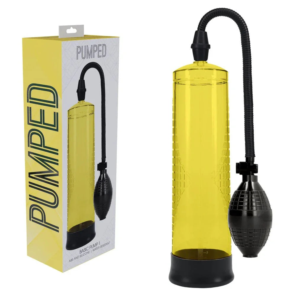 PUMPED Basic Penis Pump 1 in Yellow, yellow retail box beside the yellow cylinder and squeeze bulb