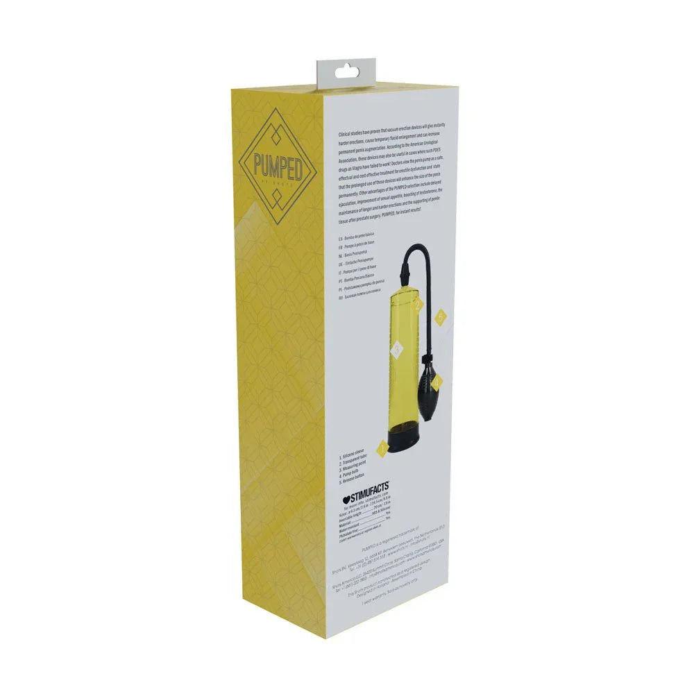 PUMPED Basic Penis Pump 1 in Yellow, back of the yellow box showing the instruction panel