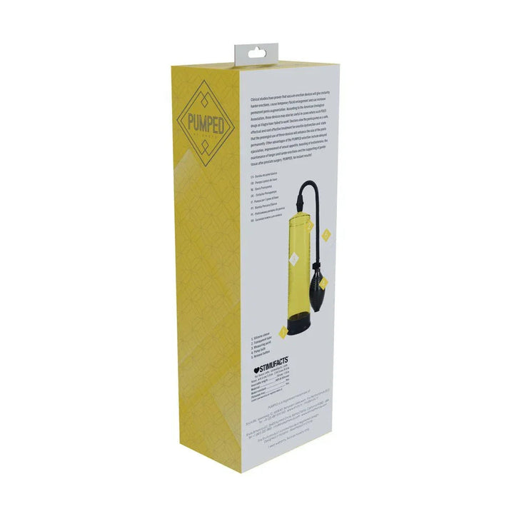 PUMPED Basic Penis Pump 1 in Yellow, back of the yellow box showing the instruction panel