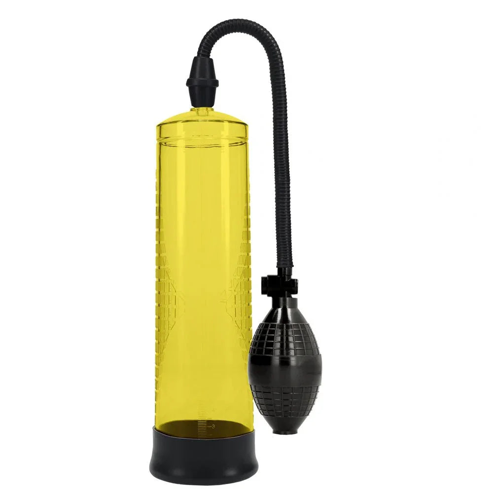 PUMPED Basic Penis Pump 1 in Yellow, the yellow cylinder upright with its hose and squeeze bulb