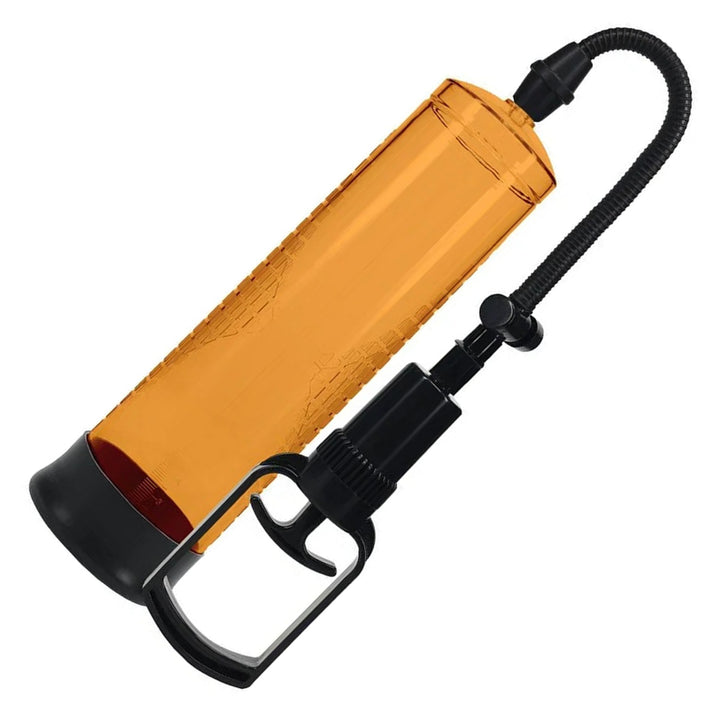 PUMPED Basic Penis Pump 2 in Orange – pump cylinder with hose, bulb and quick-release on white