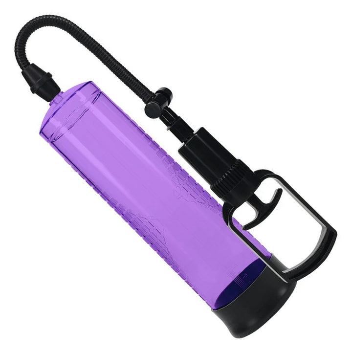 PUMPED Basic Penis Pump 2 in Purple – pump cylinder with hose, bulb and quick-release on white