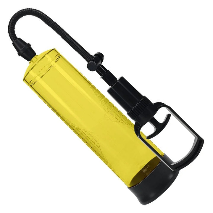 PUMPED Basic Penis Pump 2 in Yellow – pump cylinder with hose, bulb and quick-release on white