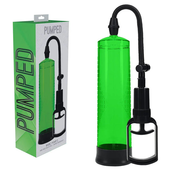 PUMPED Basic Penis Pump 2 in Green, green retail box beside the green cylinder and trigger handle