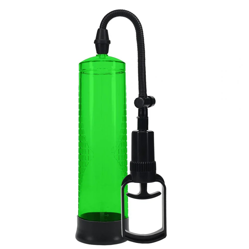 PUMPED Basic Penis Pump 2 in Green, the green cylinder upright with its hose and trigger handle