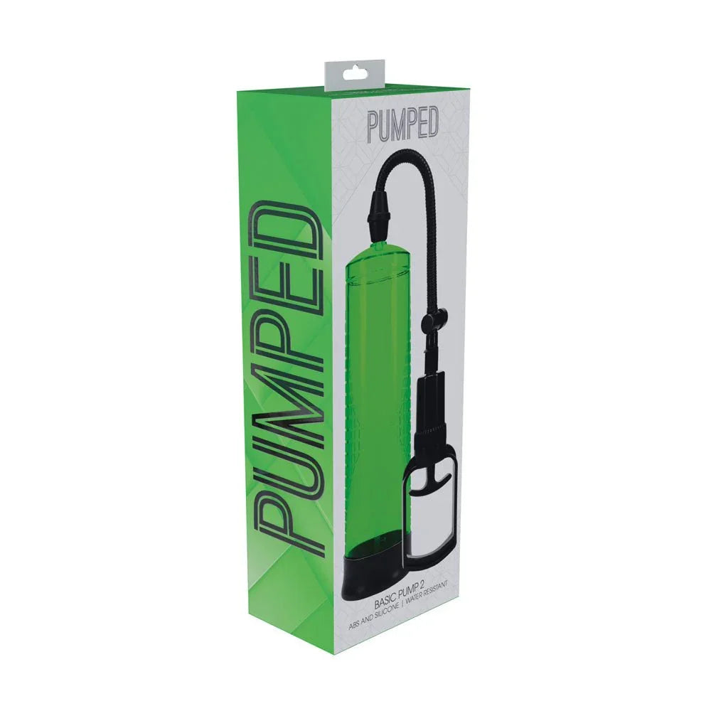 PUMPED Basic Penis Pump 2 in Green, front of the green retail box