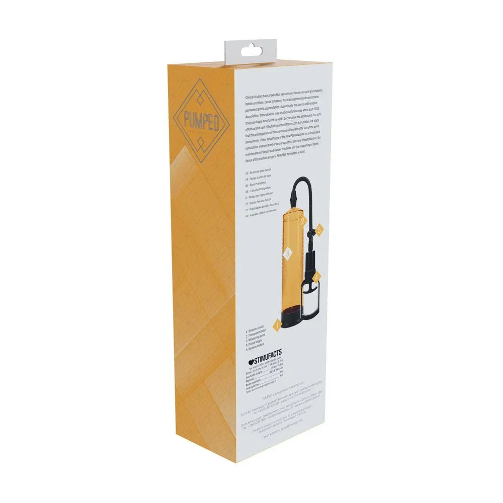 PUMPED Basic Penis Pump 2 in Orange, back of the orange box showing the instruction panel