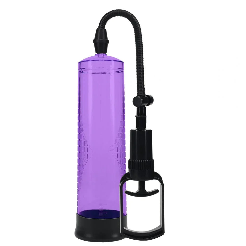PUMPED Basic Penis Pump 2 in Purple, the purple cylinder upright with its hose and trigger handle