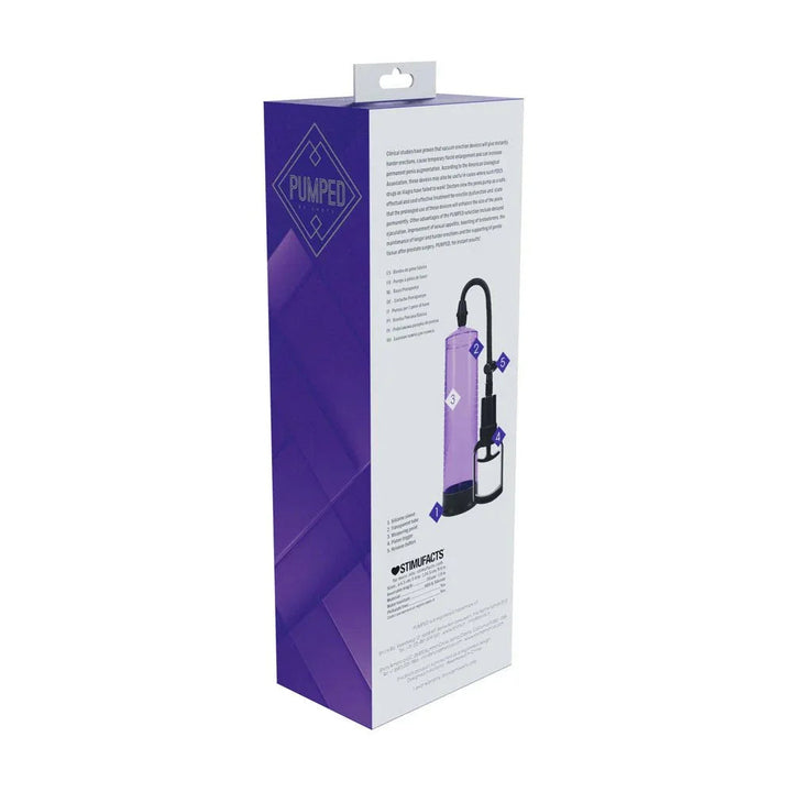PUMPED Basic Penis Pump 2 in Purple, back of the purple box showing the instruction panel