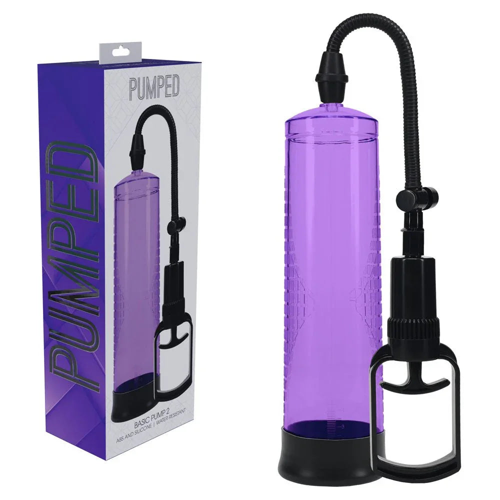 PUMPED Basic Penis Pump 2 in Purple, purple retail box beside the purple cylinder and trigger handle