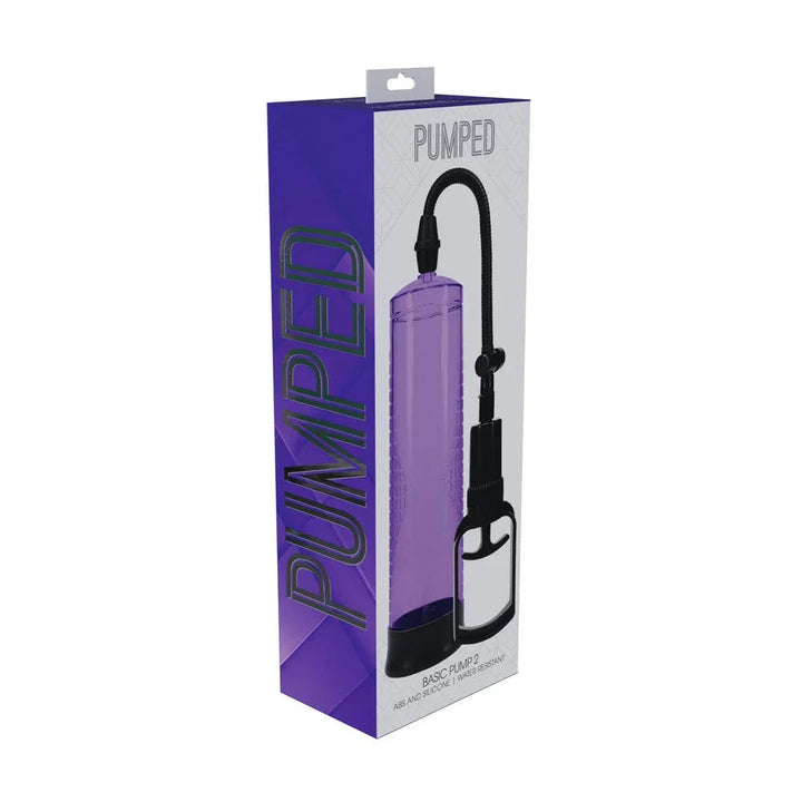 PUMPED Basic Penis Pump 2 in Purple, front of the purple retail box